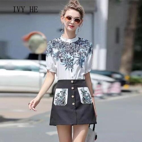 IVY HE High Quality Summer Dress Woman Clothing Short Sleeve Shirt High Waist Skirt Print 2 Piece Set Traf Robe Party Dress Suit