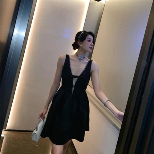 Black Bowknot Sling A-Line Mini Dress Summer Elegant Beading High Waist V-Neck Sexy Backless Women Party Clothing 2021