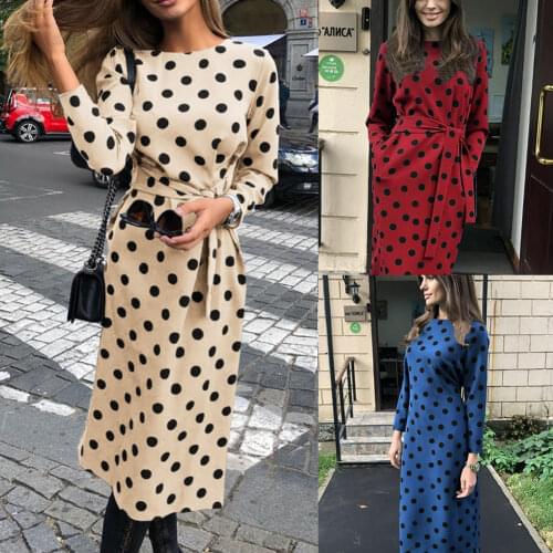 Women Polka Dot Lace-up Dress Round-neck Long Sleeve Dress Spring Summer Party -OPK