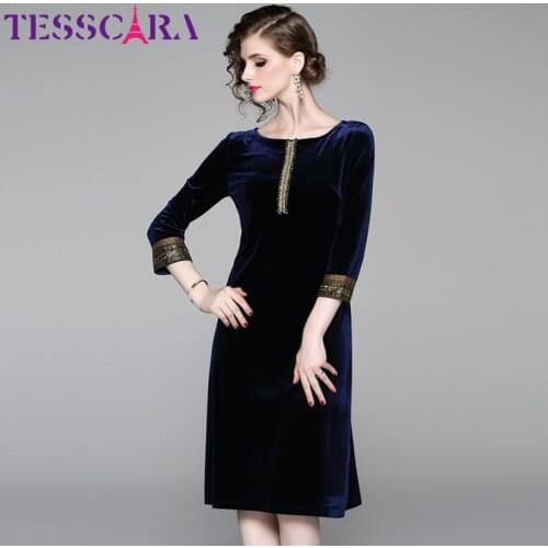 TESSCARA Women Autumn Vintage Sequin Velvet Dress Festa Female Designer Elegant Office Party Robe High Quality Cocktail Vestidos