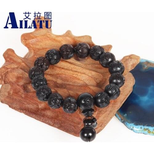 10mm, 12mm, 15mm Lightning Wood Carved Lotus Beaded Wooden Fish Tibetan Mala Prayer Bracelet Buddhist Jewelry
