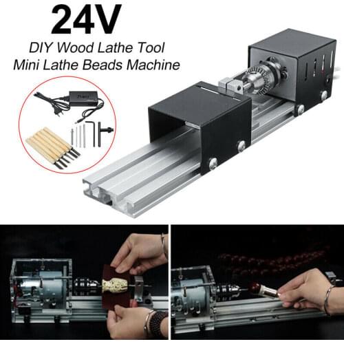 200W Mini Lathe Beads Machine Woodwork DIY Lathe Polishing Drill Set with Adapter Carving Cutter Wood Lathe and 6 Carving Blade