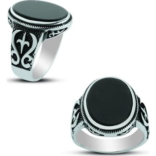 925 sterling Silver Oval Pattern Onyx Gemstone Ring