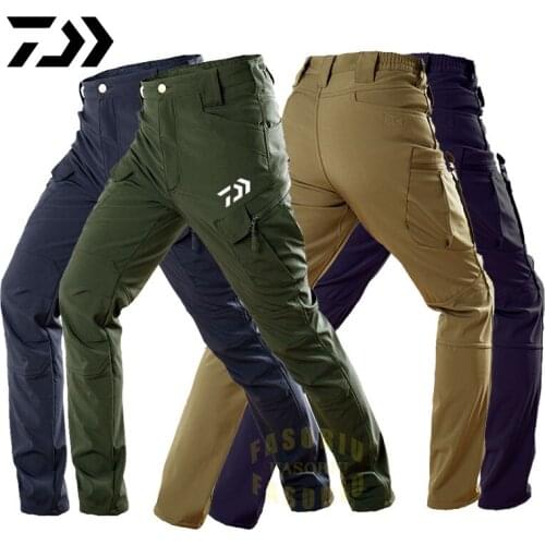 Daiwa Mens Tactical Pants Multiple Pocket Elasticity Military Fishing Pants New Autumn Winter Plus Velvet Waterproof Trousers
