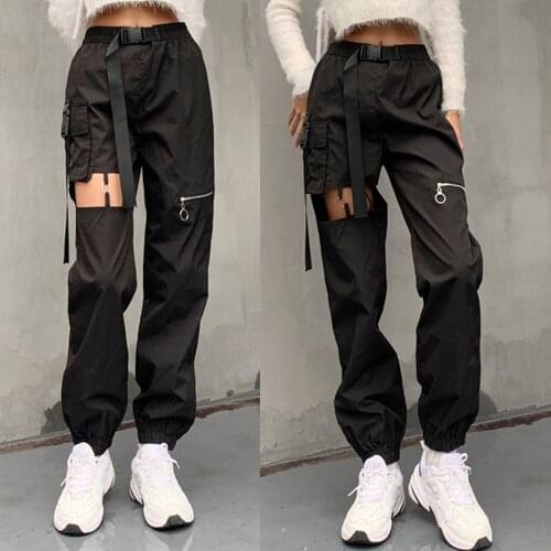 Streetwear Cargo Pants Women Casual Joggers Black High Waist Loose Female Trousers Korean Style Ribbon Ladies Pants Dropshipping