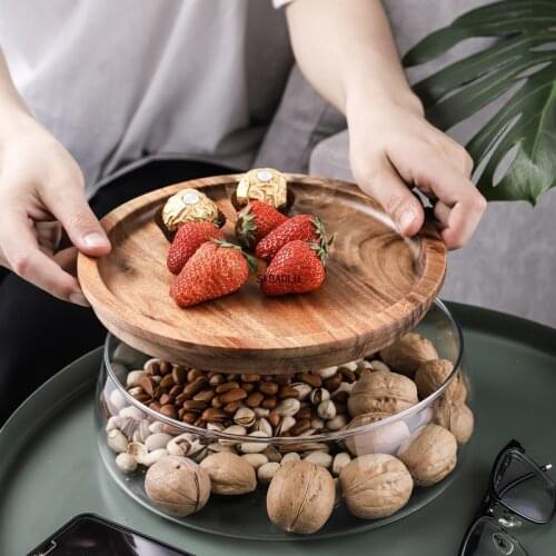 Wooden Tray, Glass Bowl, Nut, Fruit Food Container, Grain Jar, Double Layer Candy Jar with Wooden Lid, Household Snack Plate