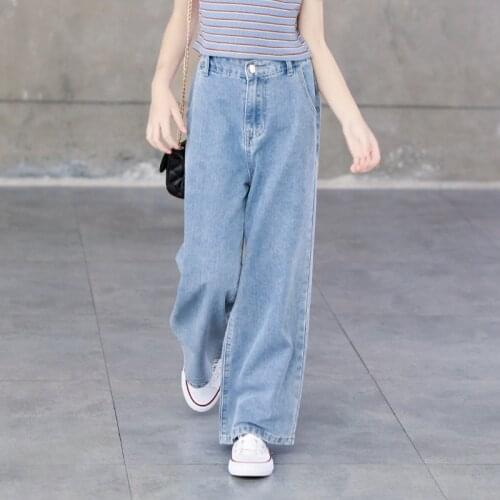 Girls Jeans Summer Big Children Spring and Summer Thin Soft Blue Loose Casual Harbor Wind Broad-legged Pants Jeans