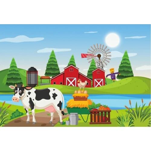 Cartoon Farm with Animals and Lake Backdrop Photography Background Celebration Photo Booth Studio Decor