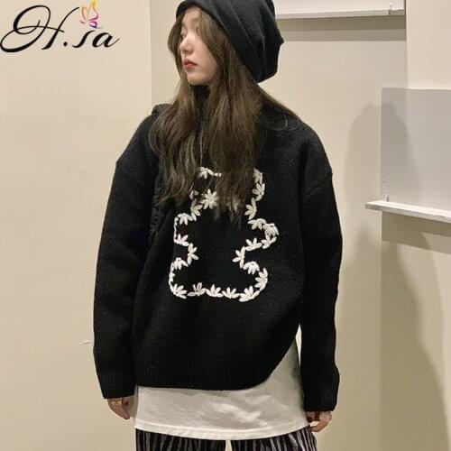 Hsa Women Winter Embroidered Bear SweaterKorean Style Loose White Sweater Knitted Tops Long Sleeve Thick Upper Garment
