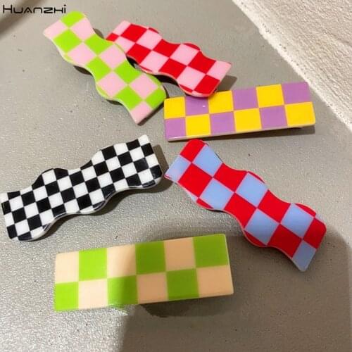 HUANZHI 2021 New Colorful Acetate Hair Clips Checkerboard Barrette Hairpin for Women Girls Hair Accessories Hair Style Make
