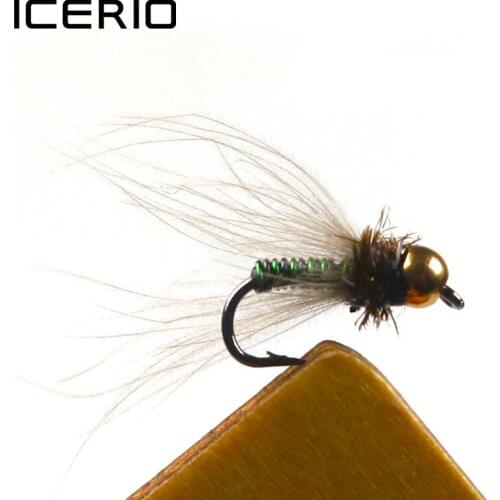 ICERIO 8PCS Brass Bead Head Green & Black Brassie Midge Nymph Fly Trout Fly Fishing Lures #14