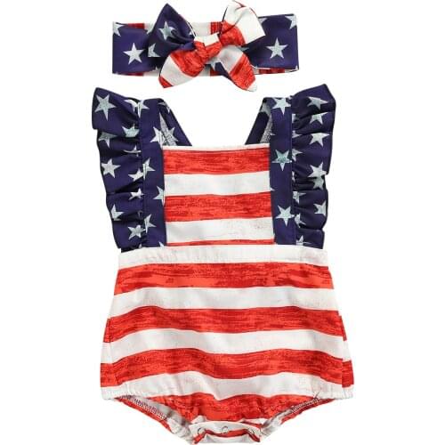 2021-04-14 Lioraitiin 0-24M Infant Baby Girls 2Pcs Clothes Set Independence Day Stripe Star Printed Pattern Sleeveless Romper