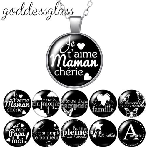 Le français J'aime maman papa famille letters Round Glass glass cabochon silver plated/Crystal pendant necklace jewelry for Gift