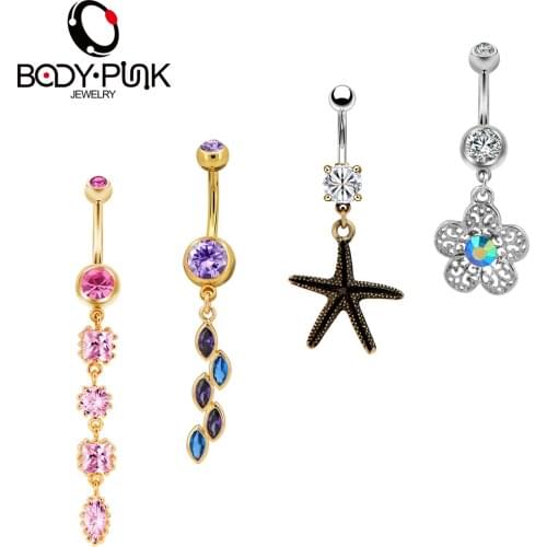 Body Punk Wholesale Set 14G Dangle Belly Button Rings Gold CZ Navel Rings Piercing Starfish Jewelry Women Men Ombligo