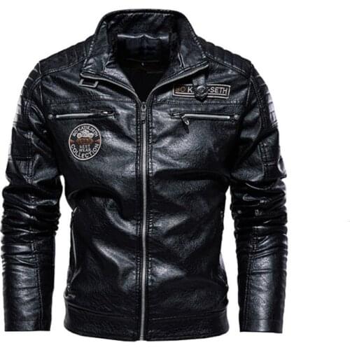 New Autumn Mens Leather Jackets Stand Collar Casual Motorcycle PU Coats Winter Thick Leather Jacket Men Embroidery Windbreaker