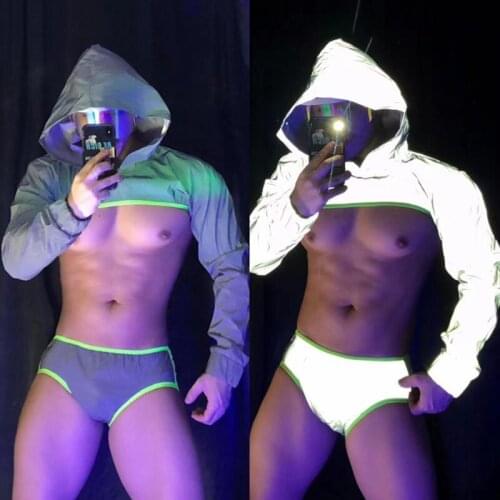 Muscle Men Reflective Pole Dance Costume Suit DJ Dancer Stage Clothes Nightclub Gogo Jazz Dancewear Party Rave Outfit VDB3900