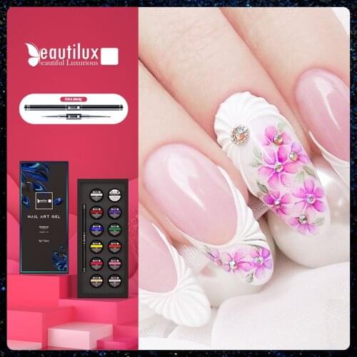 Beautilux Nail Art 3D Gel Paste Kit Tight Dense No Sticky Layer Micro Carving DIY Lining Drawing Manicure Set With Nail Brush