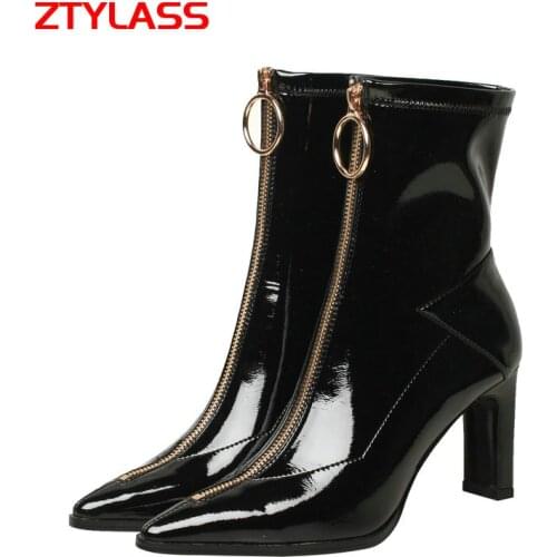 2021 New Stretch Patent Leather Women Ankle Boots Fashion Zipper Autumn Winter Short Boots Ladies Pointed Toe Thin Heel Shoes