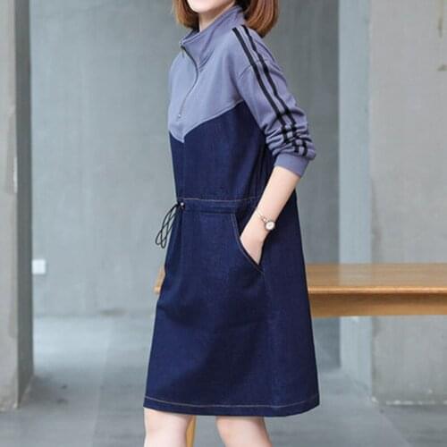 New Plus Size Jeans Dresses Casual Loose Stand Collar Collect Waist Slim Pockets Patchwork Cowboy For Females Denim One-Piece