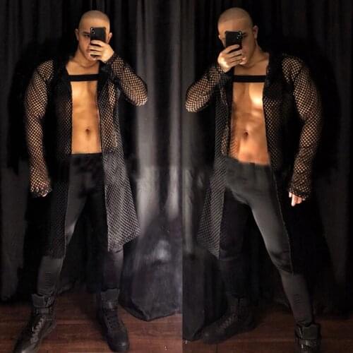 Nightclub Ds Stage Rave Clothes Sexy Men Dj Pole Dance Clothing Gogo Costume See-through Net Long Cloak Tights Clubwear XS2823