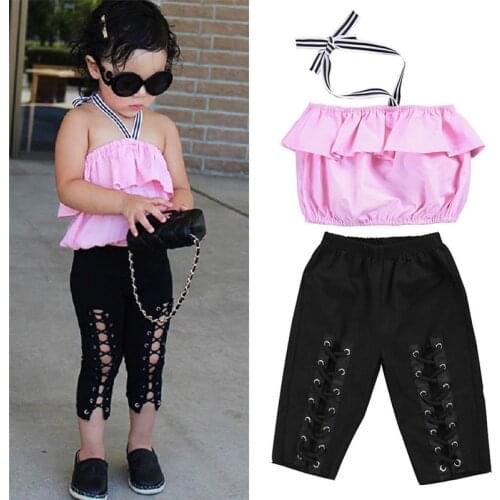 Wholesale Summer Kids Baby Girls Off Shoulder Crop T-shirt Tops Bandage Hollow Long Pants Outfit Clothes 1-6Y
