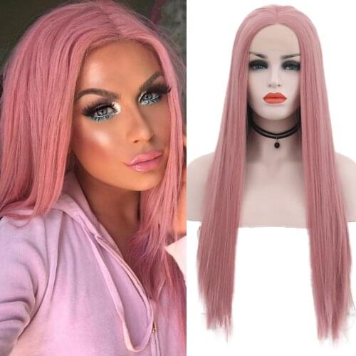 QUINLUX WIGS Glueless Heat Fiber Pink Long Silky Straight Wig For Women Cosplay Natural Hairline Synthetic Lace Front Wig Peach