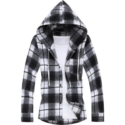 Long Sleeve Plaid Hooded Shirt Male Streetwear Casual Hoodie Shirts Camisa Masculina Men Gray Red Plaid Brushed Cotton Hip Hop