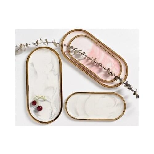 Nordic Marbled Gilt Ceramic Oval Plate Western Dish Dessert Plate Jewelry Storage Tray