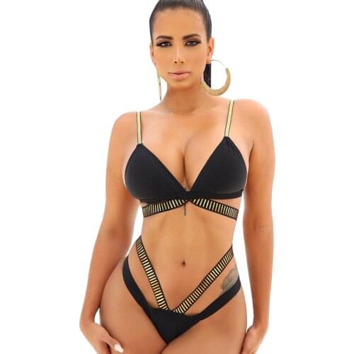 Solid Color Swimwear Women Striped Sexy Lace-up Split Bikini Open Back Cross High Waist Push-up Thong Swimsuit Beach Seaside