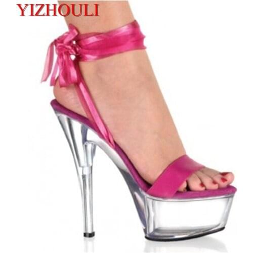 Stylish transparent platform womens shoes, 15 cm high open-toe sandals, sexy ribbon pole dancing wedding sandals