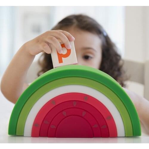 TYRY.HU 7Pc/Set Cartoon watermelon Silicone Jenga BPA-free Baby Teether 3D Folding Building Block Educational Toys