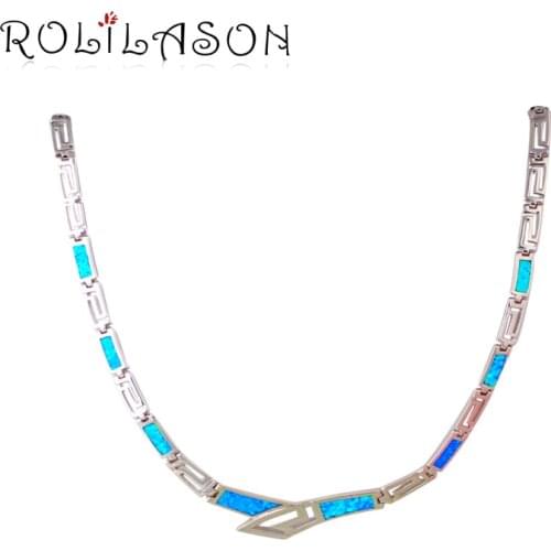 Unique Design Blue Opal Stamped Silver Necklace New Trendy Link Chain Necklaces & Pendants Best Love Gift Girl Jewelry LN608