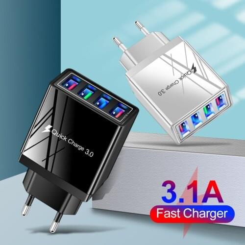 5V 3A USB Charger Fast Charging Charge QC 3.0 Universal Wall Mobile Phone Chargers Fast 4 Ports LED Light Phone Adapter EU Plug