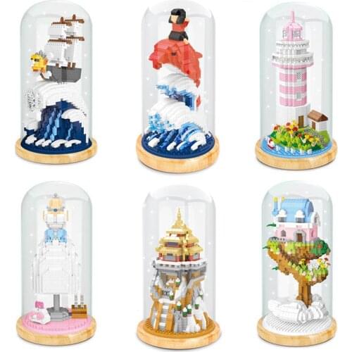 Exhibition booth brick micro diamond block dolphin one piece Thousand Sunny pirate ship Treehouse nanobrick toy with light