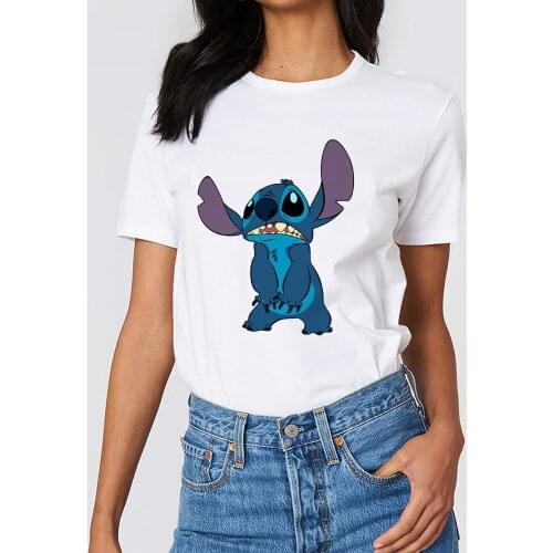 Disney T Shirt Lilo & Stitch Print Tshirt Women Short Sleeve Round Neck Harajuku Graphic Tees 2021 Clothes Top Dropship