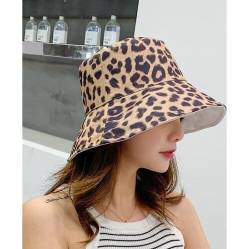2021 Women Leopard Bucket Hats Double-sided Sunshade Panama Hat Female Sun Protection Sunscreen Caps Wholesale Dropshipping