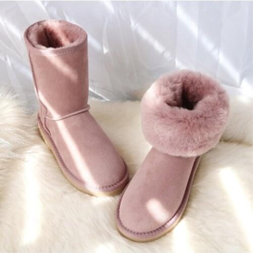 Womens Sheep Fur Boots Classic Genuine Sheepskin Shoes Snow Boots Leather Wool Shoes Female Winter Suede Boots Flat Warm Shoes