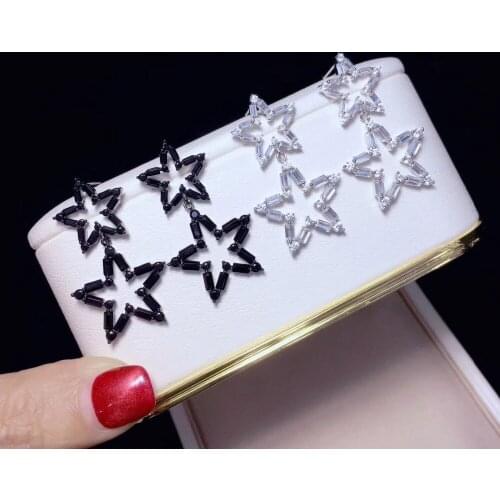 Double five-pointed star drop earring 925 sterling silver cubic zircon white black color fine women jewelry high quality
