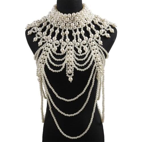 Women Imitation Pearl Beaded Body Chain Shawl Handmade Jewelry Necklace Fake Collar Vintage Luxury Layered Decor Vest Costume