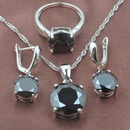 Womens Black Zirconia Jewelry Sets Russian Style Silver Color Necklace Round Design Pendant Earrings Rings Hot Sell