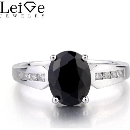 Leige Jewelry Real Natural Black Spinel Ring Anniversary Ring 925 Sterling Silver Ring Oval Cut Black Gemstone Gifts for Women