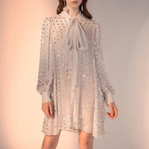 White Runway Princess Fashion High Quality Bow Collar Long Lantern Sleeve Diamonds Beading Mini Dress Vestidos