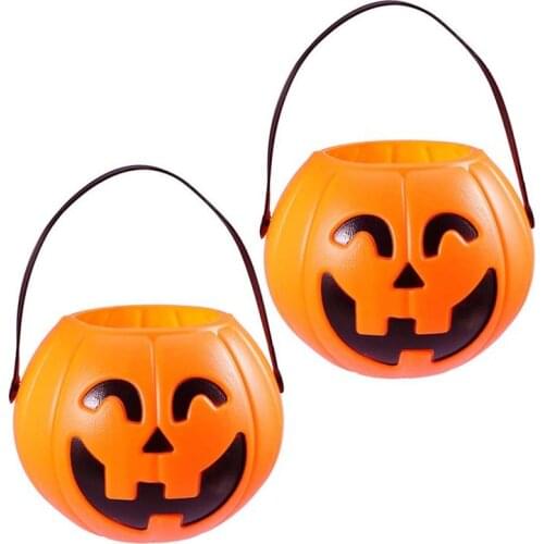2 Pcs 17cm Halloween Portable Pumpkin Bucket Children Trick Or Treat Pumpkin Candy Pail Holder Pumpkin Barrel For Halloween