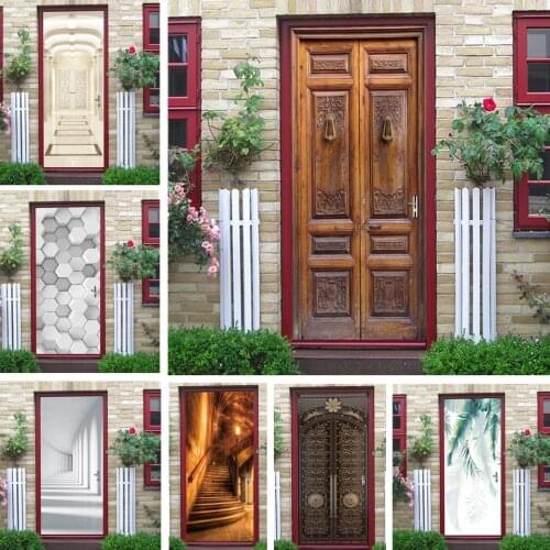 2pcs/set Wood Wallpaper for Door 3D Mural PVC Self Adhesive Waterproof Art Decals For Living Room Bedroom Home Decoration Poster