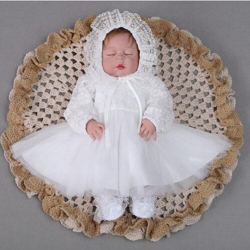 2PCs per Set Baby Girl Baptism Dress White Infant Girl Christening Gown Lace Embroidered Hat 0-24Months