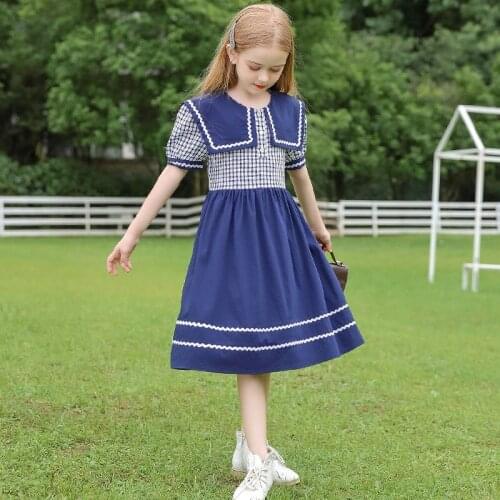 2021 Summer Plaid Dress For Girls Peter Pan Collar Loose Hem Gowns Kids Birthday Wedding Prom Party Dresses Children Clothes