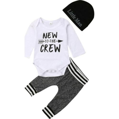 Pudcoco Cute 3PCS Set Newborn Baby Boy Clothes Lovely New Crew Print Bodysuit Tops Long Pants Hat Outfits 0-18M