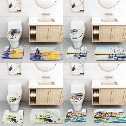 3Pcs Morning Glow Boat Bathroom Rug Toilet Lid Cover Non-slip Floor Mat Decor
