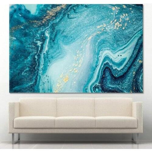 Abstract Blue Ocean Gold Glitter Artwork Canvas Painting Poster Modern Ocean Prints Wall Art for Living Room Decorartion