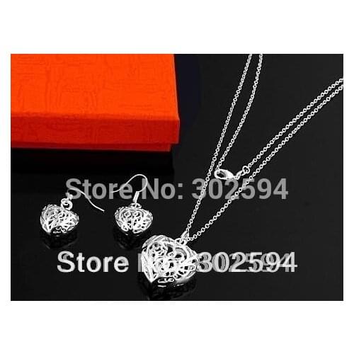 Free shipping silver color charm heart fashion lovely earring necklace set jewelry best Christmas gift